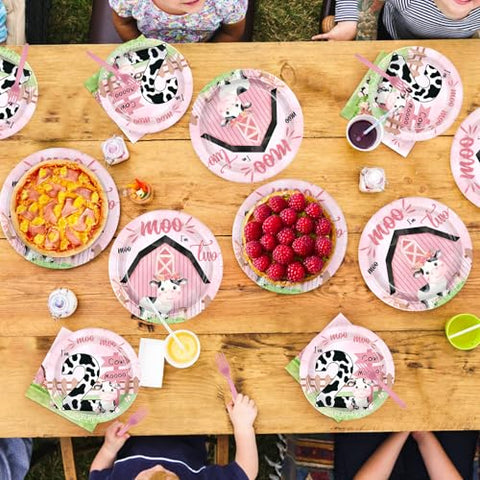 96 Pcs Cow 2nd Birthday Party Plates and Napkins - Grencian