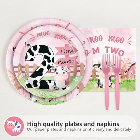96 Pcs Cow 2nd Birthday Party Plates and Napkins - Grencian