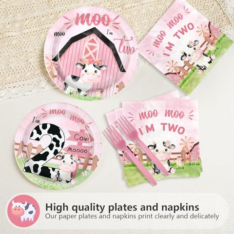 96 Pcs Cow 2nd Birthday Party Plates and Napkins - Grencian