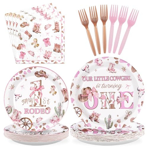 96 Pcs Cowgirl 1st Birthday Party Plates and Napkins
