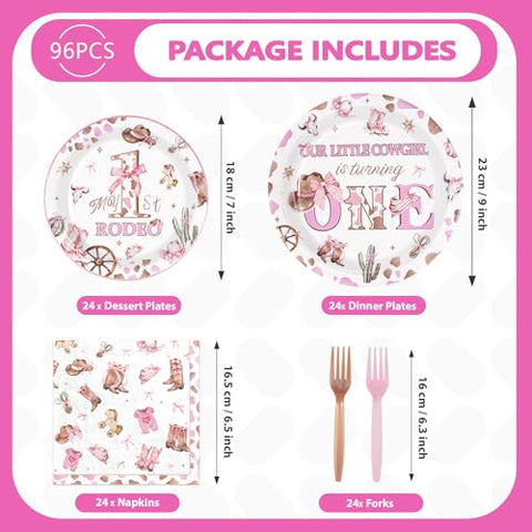 96 Pcs Cowgirl 1st Birthday Party Plates and Napkins