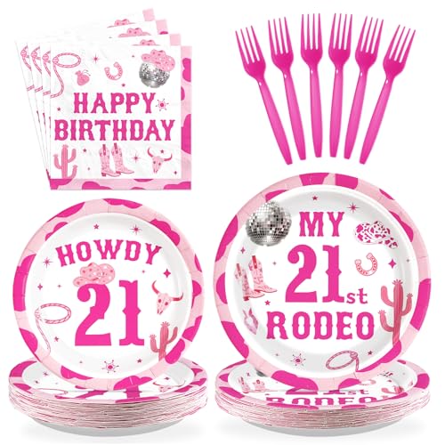 96 Pcs Cowgirl 21st Birthday Party Plates and Napkins - Grencian
