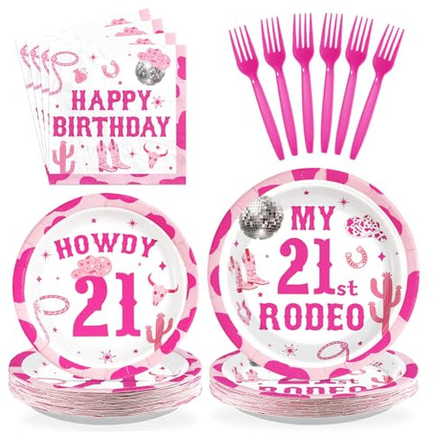 96 Pcs Cowgirl 21st Birthday Party Plates and Napkins - Grencian