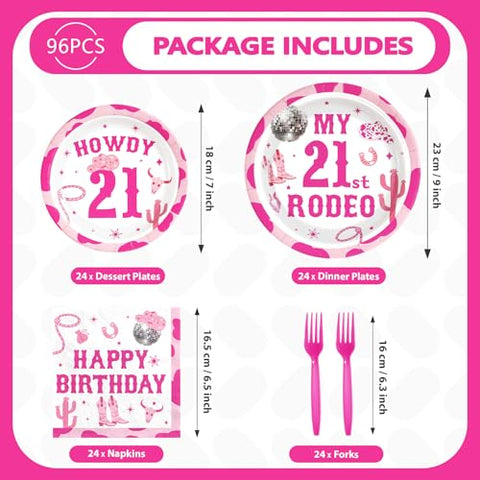 96 Pcs Cowgirl 21st Birthday Party Plates and Napkins - Grencian