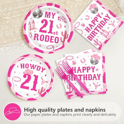 96 Pcs Cowgirl 21st Birthday Party Plates and Napkins - Grencian