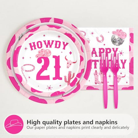 96 Pcs Cowgirl 21st Birthday Party Plates and Napkins - Grencian