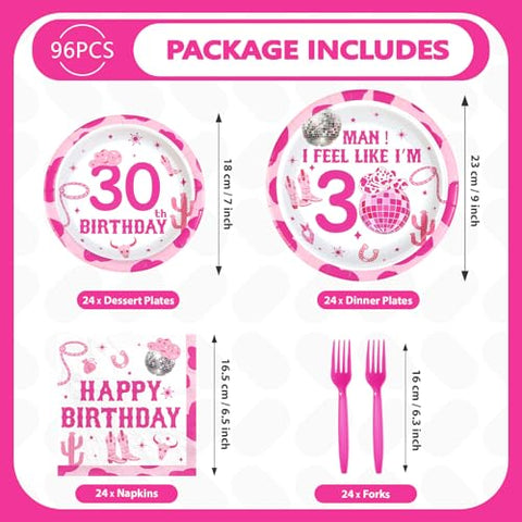 96 Pcs Cowgirl 30th Birthday Party Plates and Napkins - Grencian