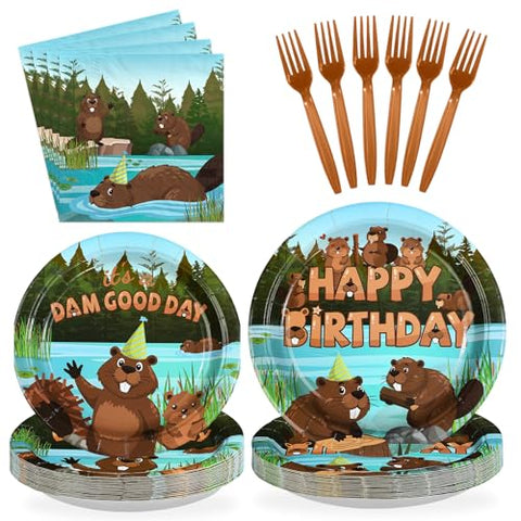 96 Pcs Cute Beaver Birthday Party Plates and Napkins - Grencian