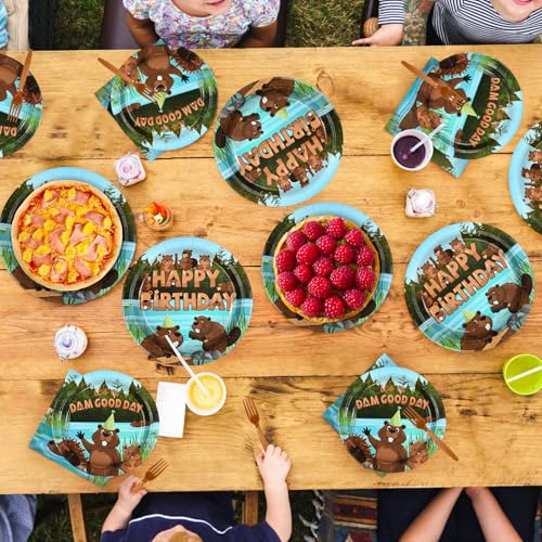 96 Pcs Cute Beaver Birthday Party Plates and Napkins - Grencian