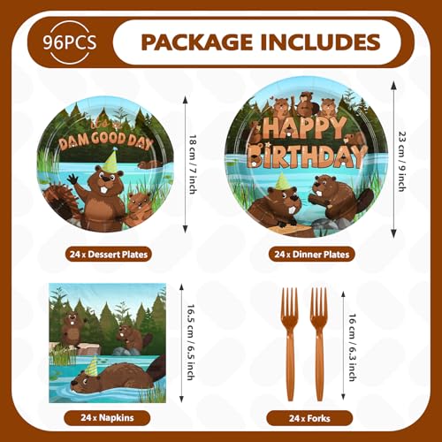 96 Pcs Cute Beaver Birthday Party Plates and Napkins - Grencian