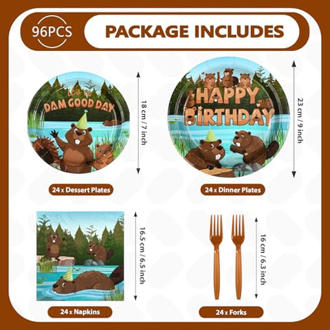 96 Pcs Cute Beaver Birthday Party Plates and Napkins - Grencian