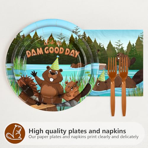 96 Pcs Cute Beaver Birthday Party Plates and Napkins - Grencian