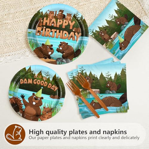 96 Pcs Cute Beaver Birthday Party Plates and Napkins - Grencian