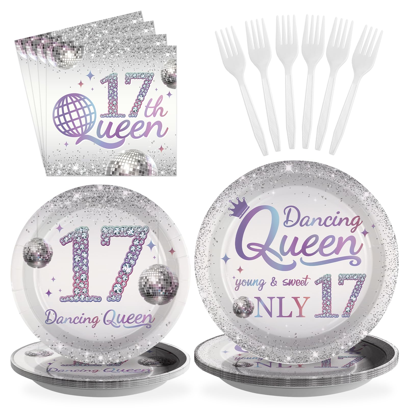 96 Pcs Dancing Queen 17th Birthday Party Plates and Napkins - Grencian