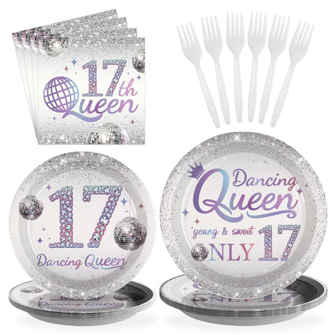 96 Pcs Dancing Queen 17th Birthday Party Plates and Napkins - Grencian