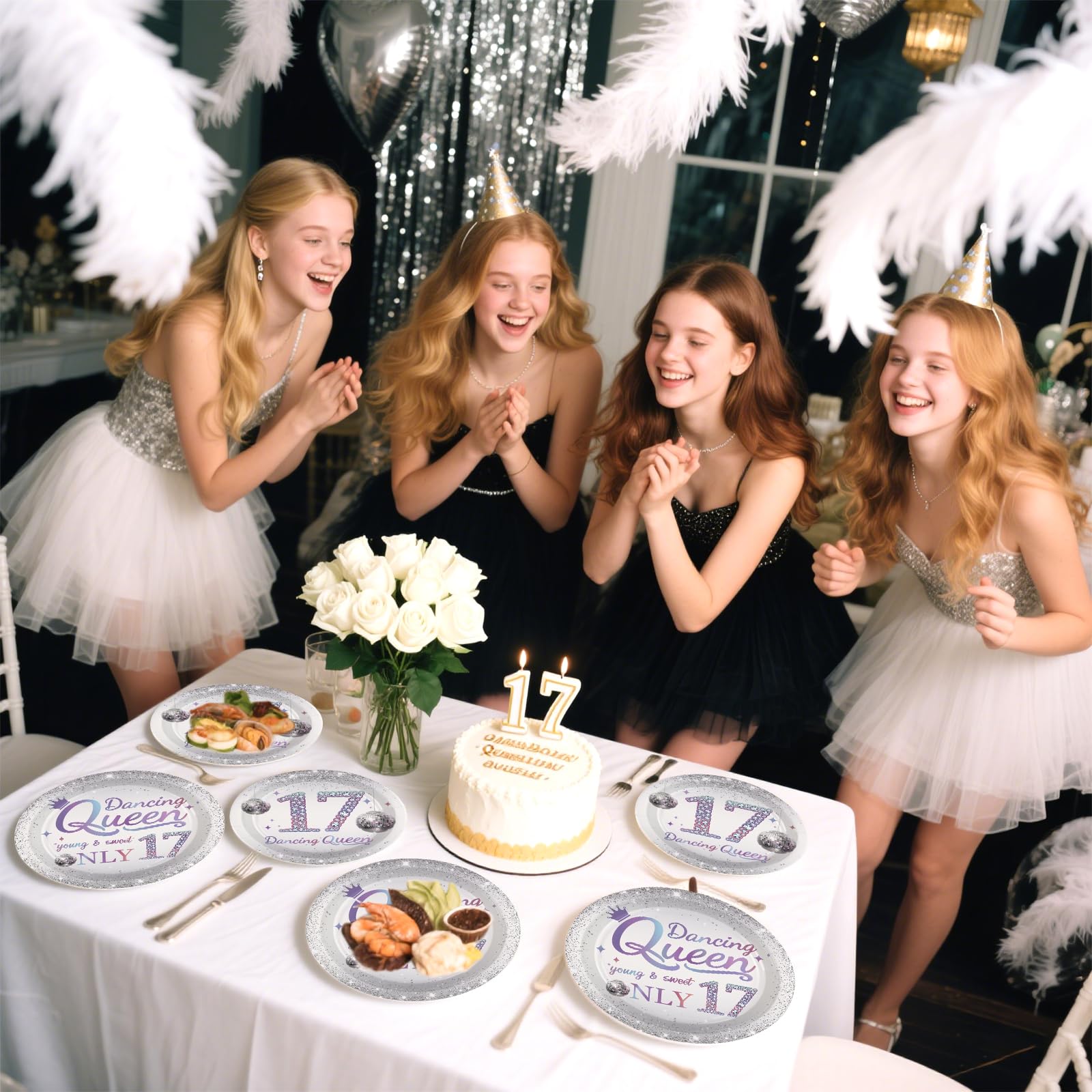 96 Pcs Dancing Queen 17th Birthday Party Plates and Napkins - Grencian