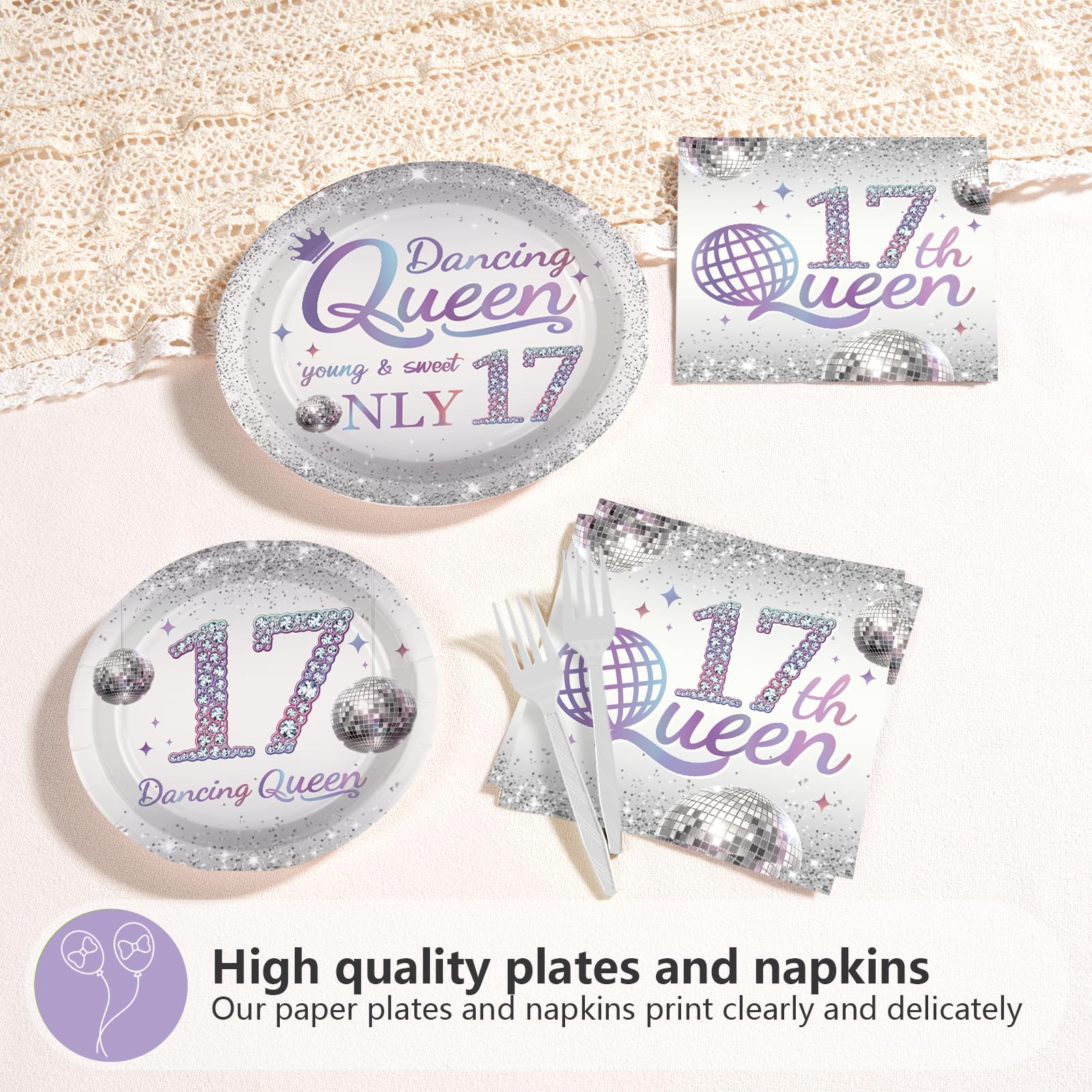 96 Pcs Dancing Queen 17th Birthday Party Plates and Napkins - Grencian