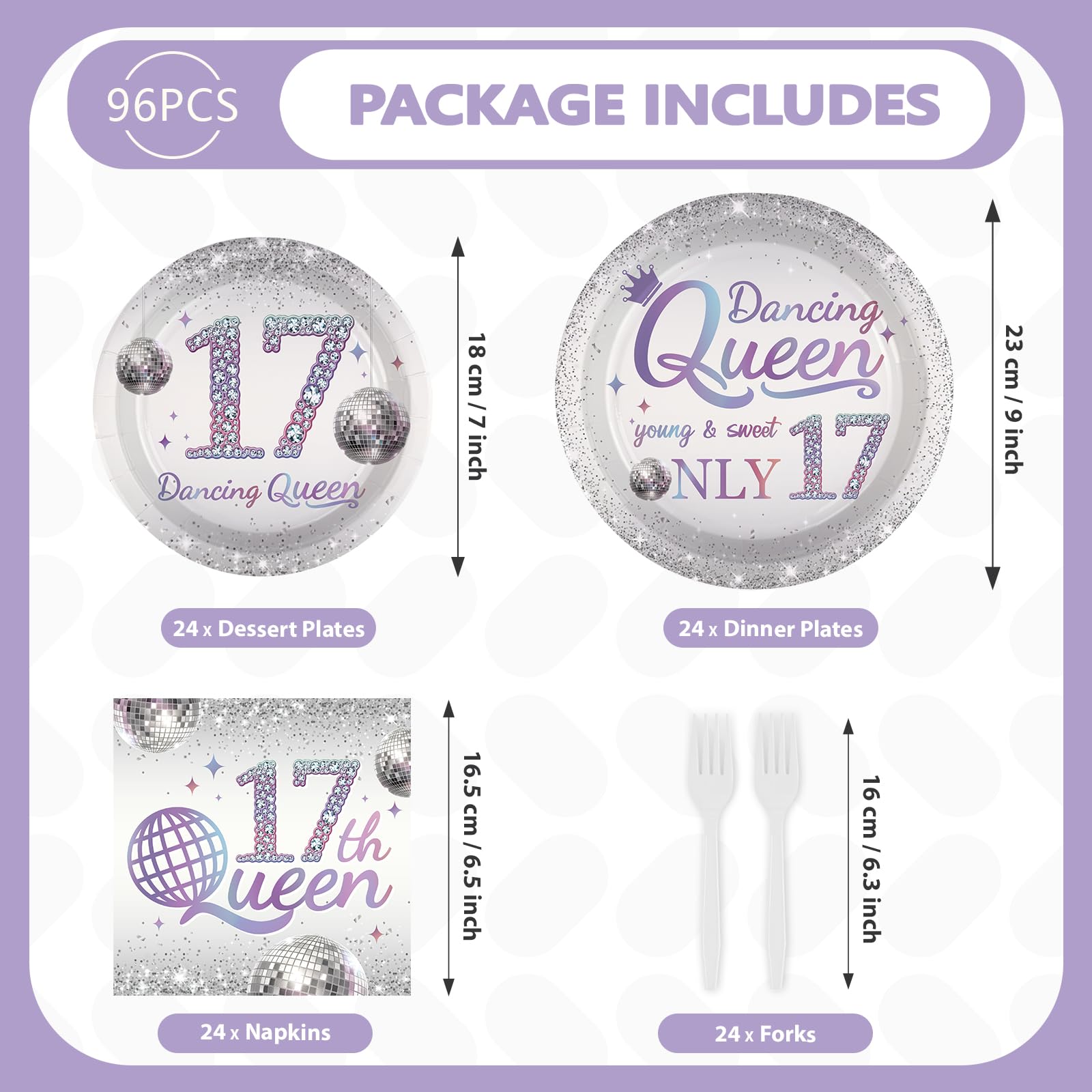 96 Pcs Dancing Queen 17th Birthday Party Plates and Napkins - Grencian
