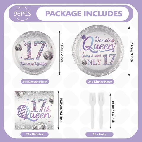 96 Pcs Dancing Queen 17th Birthday Party Plates and Napkins - Grencian