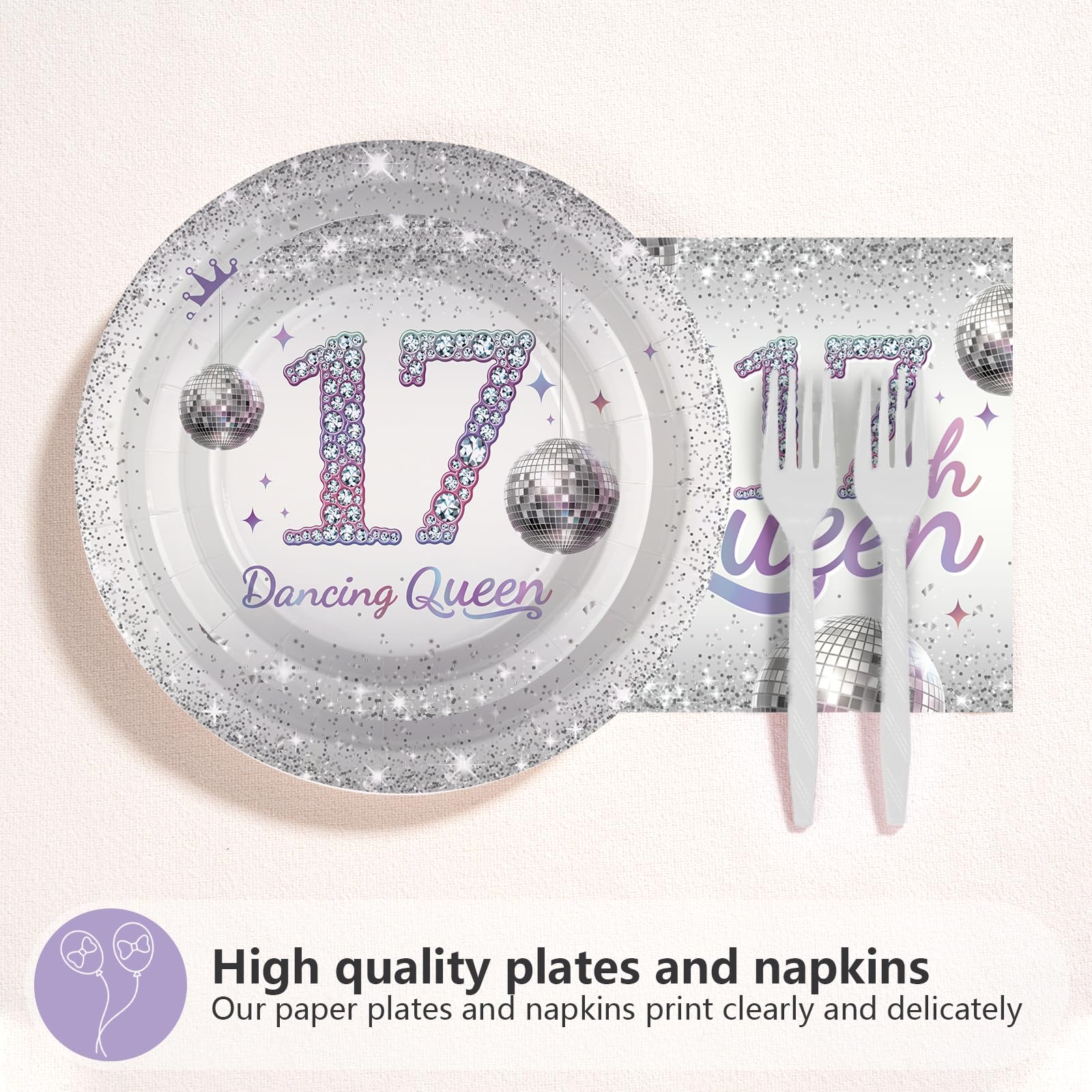 96 Pcs Dancing Queen 17th Birthday Party Plates and Napkins - Grencian
