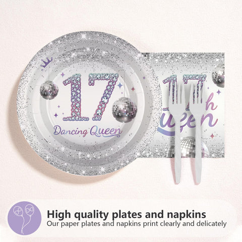96 Pcs Dancing Queen 17th Birthday Party Plates and Napkins - Grencian