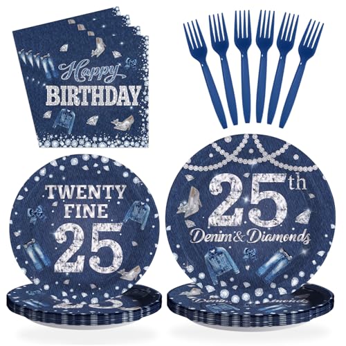 96 Pcs Denim Diamonds 25th Birthday Party Plates and Napkins - Grencian