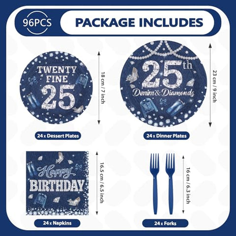 96 Pcs Denim Diamonds 25th Birthday Party Plates and Napkins - Grencian