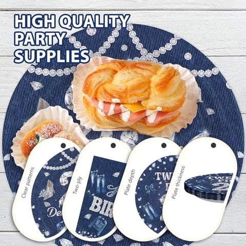 96 Pcs Denim Diamonds 25th Birthday Party Plates and Napkins - Grencian