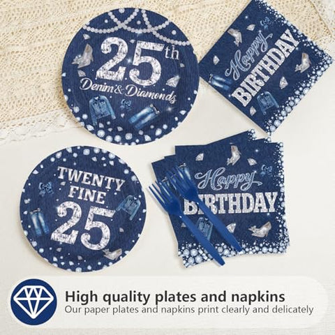 96 Pcs Denim Diamonds 25th Birthday Party Plates and Napkins - Grencian