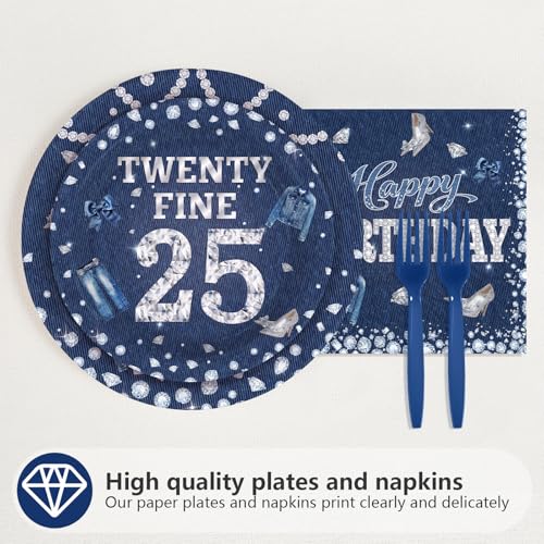 96 Pcs Denim Diamonds 25th Birthday Party Plates and Napkins - Grencian