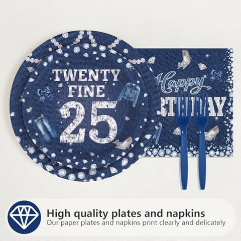 96 Pcs Denim Diamonds 25th Birthday Party Plates and Napkins - Grencian