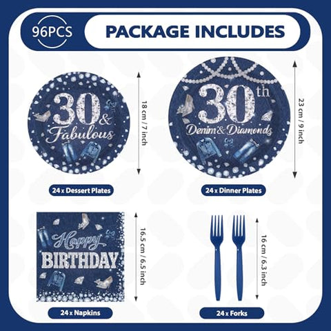 96 Pcs Denim Diamonds 30th Birthday Party Plates and Napkins - Grencian