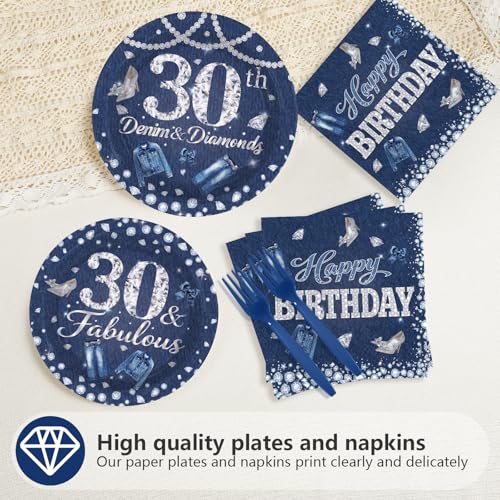 96 Pcs Denim Diamonds 30th Birthday Party Plates and Napkins - Grencian