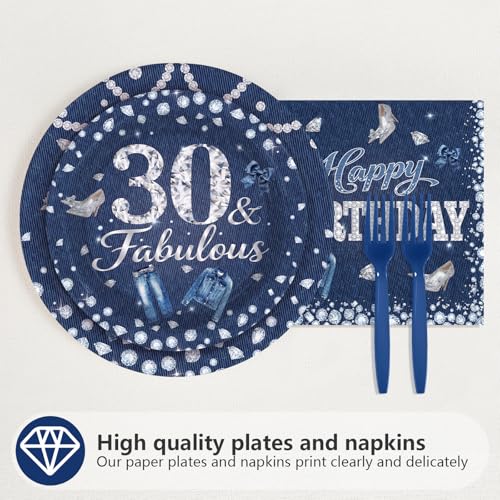 96 Pcs Denim Diamonds 30th Birthday Party Plates and Napkins - Grencian