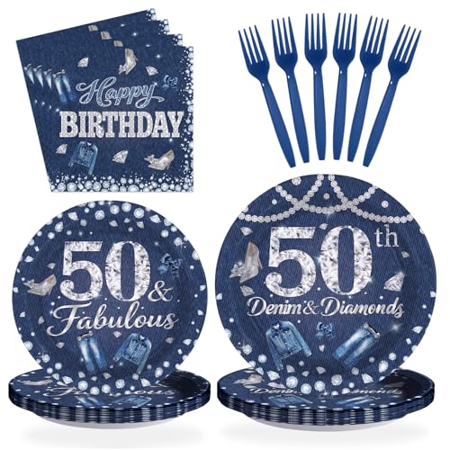 96 Pcs Denim Diamonds 50th Birthday Party Plates and Napkins - Grencian