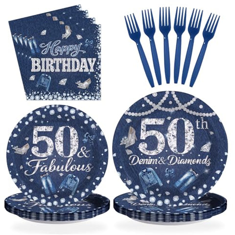 96 Pcs Denim Diamonds 50th Birthday Party Plates and Napkins - Grencian