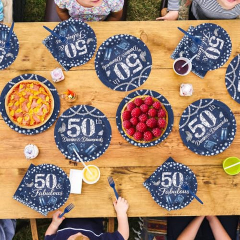 96 Pcs Denim Diamonds 50th Birthday Party Plates and Napkins - Grencian