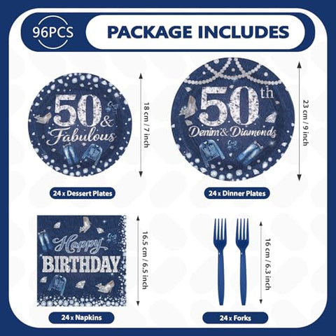 96 Pcs Denim Diamonds 50th Birthday Party Plates and Napkins - Grencian