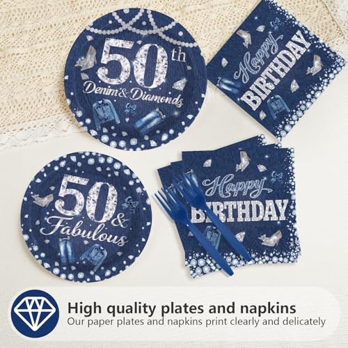 96 Pcs Denim Diamonds 50th Birthday Party Plates and Napkins - Grencian
