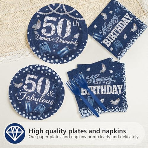 96 Pcs Denim Diamonds 50th Birthday Party Plates and Napkins - Grencian