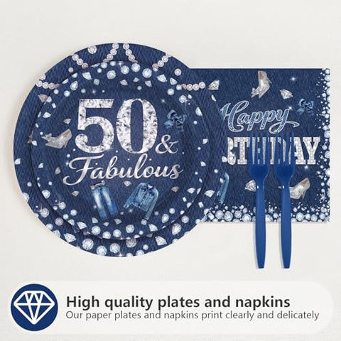 96 Pcs Denim Diamonds 50th Birthday Party Plates and Napkins - Grencian