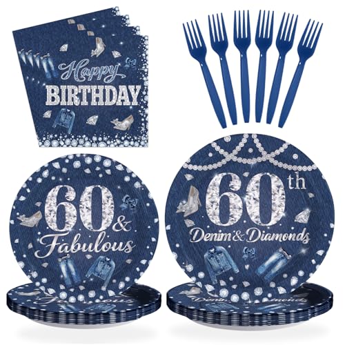 96 Pcs Denim Diamonds 60th Birthday Party Plates and Napkins - Grencian