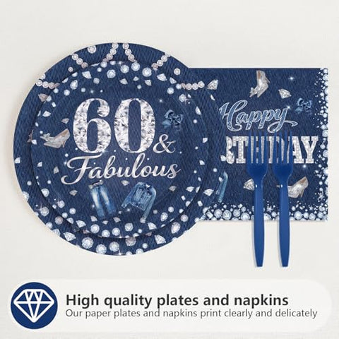 96 Pcs Denim Diamonds 60th Birthday Party Plates and Napkins - Grencian