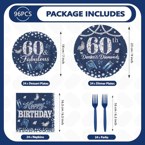 96 Pcs Denim Diamonds 60th Birthday Party Plates and Napkins - Grencian