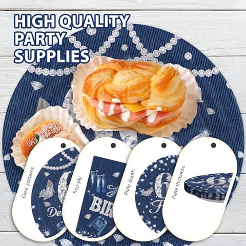 96 Pcs Denim Diamonds 60th Birthday Party Plates and Napkins - Grencian