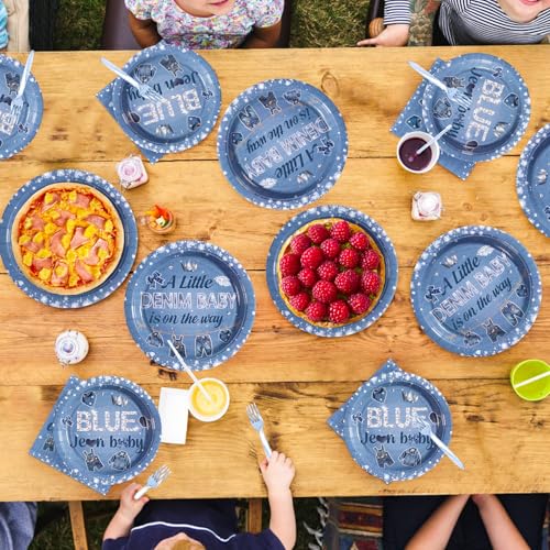 96 Pcs Denim Diamonds Baby Shower Party Plates and Napkins - Grencian
