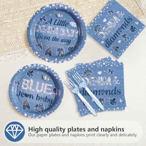 96 Pcs Denim Diamonds Baby Shower Party Plates and Napkins - Grencian