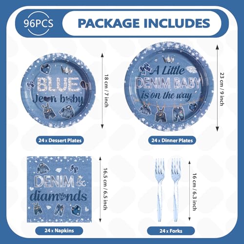 96 Pcs Denim Diamonds Baby Shower Party Plates and Napkins - Grencian
