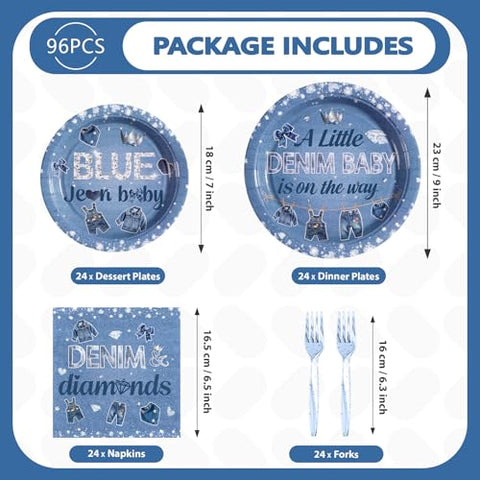 96 Pcs Denim Diamonds Baby Shower Party Plates and Napkins - Grencian