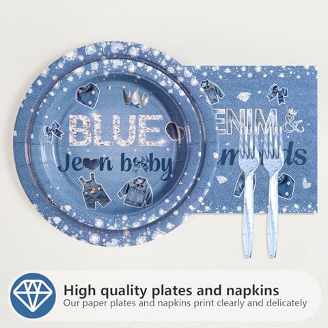 96 Pcs Denim Diamonds Baby Shower Party Plates and Napkins - Grencian
